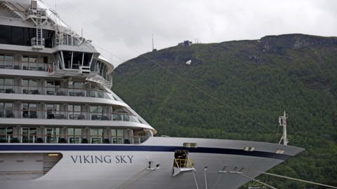 This picture taken on June 28, 2018 shows the cruise ship Viking Sky near Tromso, Norway. - Emergency services said on March 23, 2019 they were airlifting 1,300 passengers off a cruise ship off the Norwegian coast. The Viking Sky cruise ship sent an SOS message due to 