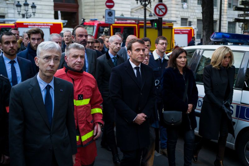 President Emmanuel Macron and Mayor Anne Hidalgo arrive at the cathedrale Notre Dame. Paris, France - April 15, 2019. Emmanuel Macron et Anne Hidalgo arrivent aux abords de la cathedrale Notre-Dame. Paris, France - 15 Avril 2019.