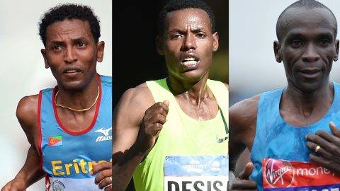 (COMBO) This combination of pictures created on May 5, 2017 shows Eritrea's Zersenay Tadese (L) competing during the half marathon final event in the 11th Africa Games in Brazzaville on September 17, 2015, Ethiopia's Lelisa Desisa (C) running in the New York City Marathon on November 2, 2014 and Kenyan elite runner Eliud Kipchoge competing during the 2015 London Marathon in central London on April 26, 2015. The theree elite runners backed by a small army of scientists will on May 6, 2017 attempt to run a marathon in less than two hours during an event organized by sport brand Nike at Monza racing track. Reigning Olympic marathon champion Eliud Kipchoge from Kenya, Ethiopia's Lelisa Desisa and Eritrea's Zersenay Tadese will aim to complete the classic marathon distance of 26.2 miles (42.195 kilometres) in 1hr 59min 59 sec or faster on a fixed loop at the Monza National Autodrome racing circuit in Italy / AFP PHOTO