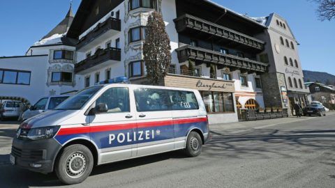 A police car stands in front of the hotel 'Bergland', the accommodation of the austrian ski jumpers and cross-country skiers, in Seefeld, Austria, on 02/27/2019. According to reports police operations against organized doping have been taking place on Wednesday morning. (Photo credit should read 