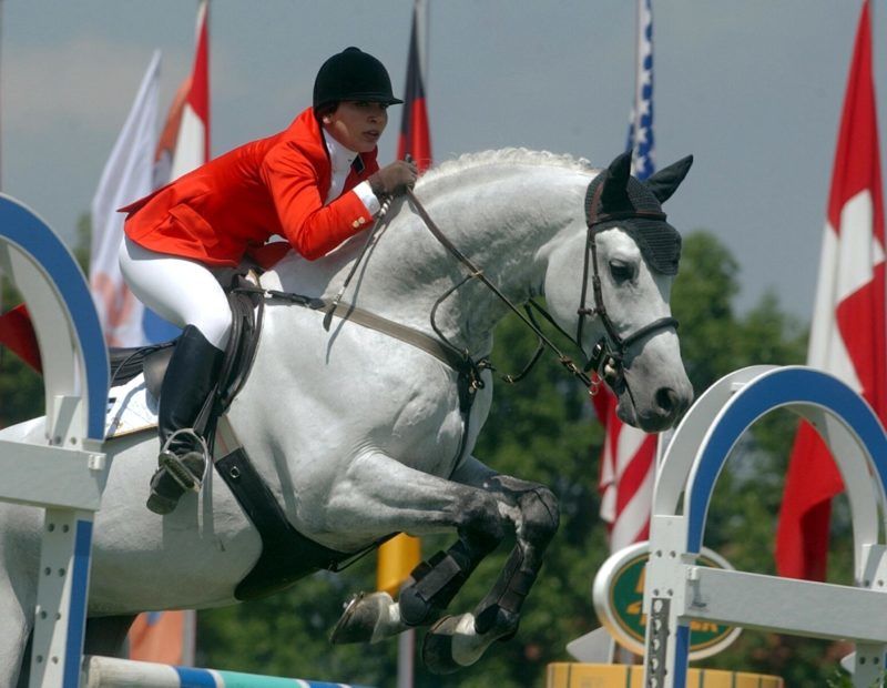 Jordan's Princess Haya Bint Al Hussein rides her horse Jalinca, to take the 63th place at the Prize of the town of Lucerne, on the first day of the CSIO horse jumping competition in 30 May 2002 in Lucerne. AFP PHOTO/EPA/KEYSTONE/SIGI TISCHLER