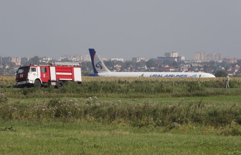 Moszkva, 2019. augusztus 15. Az Ural Airlines orosz légitársaság A321-es utasszállító repülõgépe, miután kényszerleszállást hajtott végre a moszkvai Zsukovszkij repülõtéren 2019. augusztus 15-én. Sajtóhírek szerint a gép egy madárrajjal ütközött a felszállást követõen, a balesetben a fedélzeten tartózkodó 226 utas és hétfõs személyzet közül 23 embert szállítottak kórházba sérülésekkel. MTI/EPA/Szergej Ilnyickij