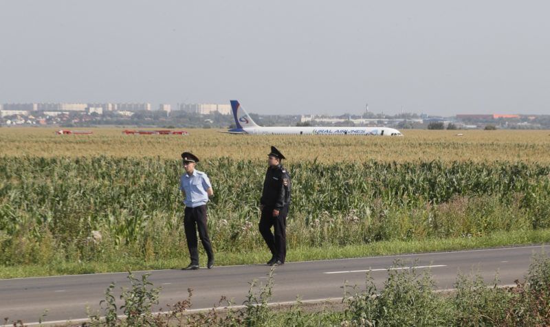 Moszkva, 2019. augusztus 15. Az Ural Airlines orosz légitársaság A321-es utasszállító repülõgépe, miután kényszerleszállást hajtott végre a moszkvai Zsukovszkij repülõtéren 2019. augusztus 15-én. Sajtóhírek szerint a gép egy madárrajjal ütközött a felszállást követõen, a balesetben a fedélzeten tartózkodó 226 utas és hétfõs személyzet közül 23 embert szállítottak kórházba sérülésekkel. MTI/EPA/Szergej Ilnyickij