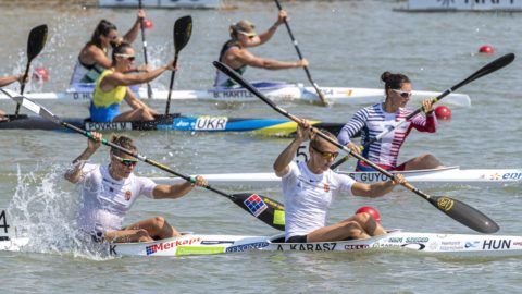 Szeged, 2019. augusztus 22. Kozák Danuta és Kárász Anna (elöl, b-j) a nõi kajak párosok 500 méteres versenyének elõfutamában a szegedi kajak-kenu világbajnokságon 2019. augusztus 22-én. MTI/Szigetváry Zsolt