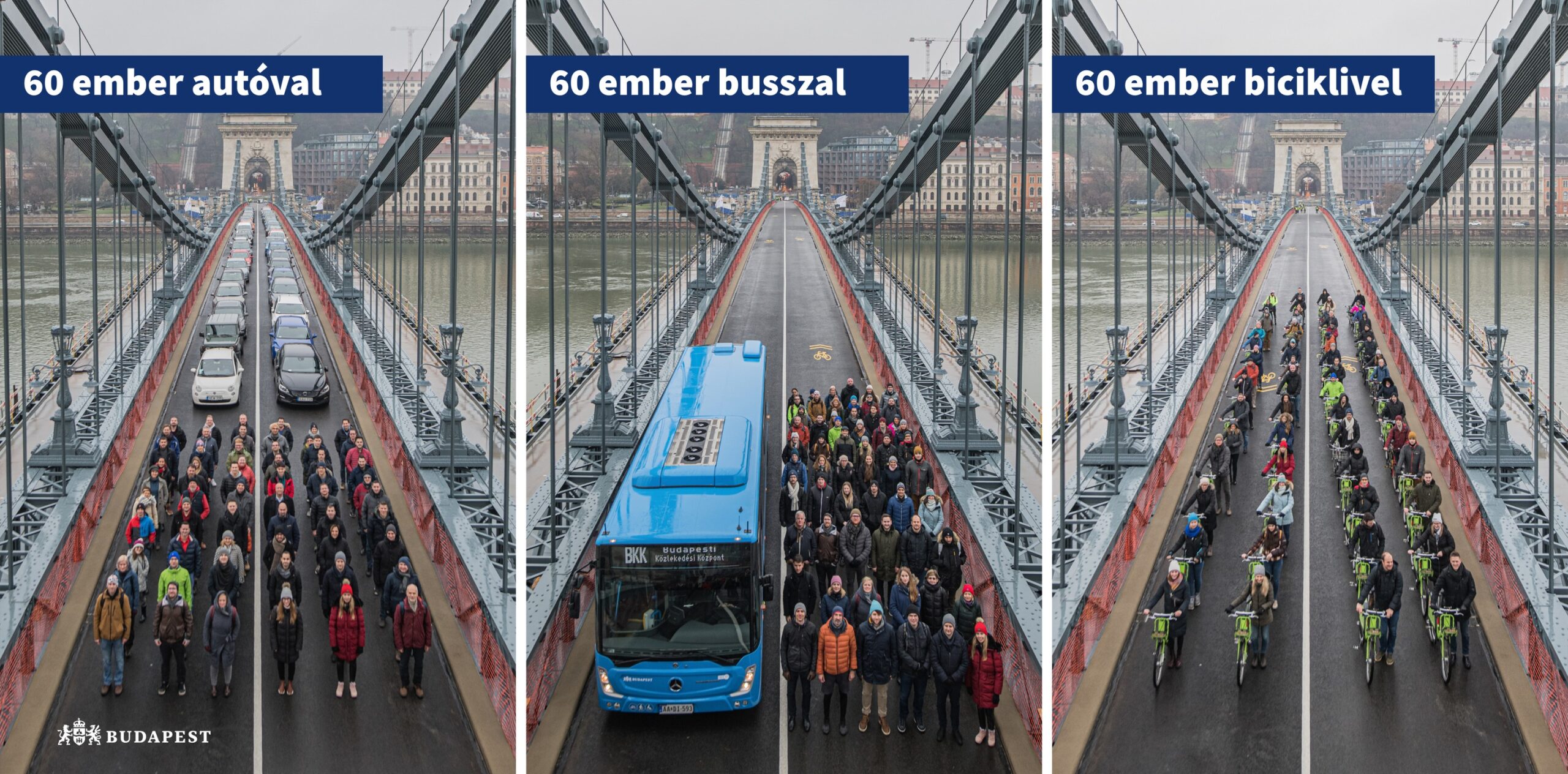 Ennyi helyet foglal el 60 ember a Lánchídon, ha biciklivel, autóval vagy busszal közlekedik