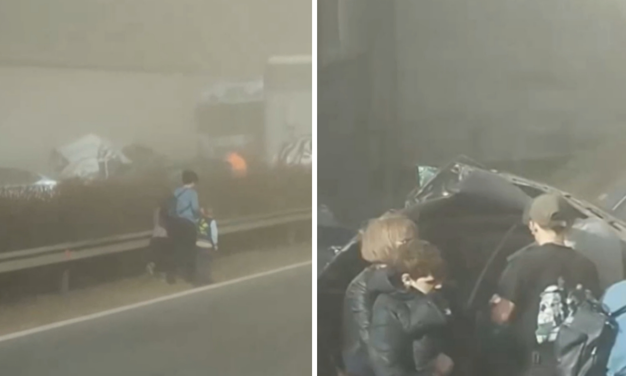 Videón, ahogy gyerekek menekülnek a lángoló autók és roncsok mellett az M1-esen