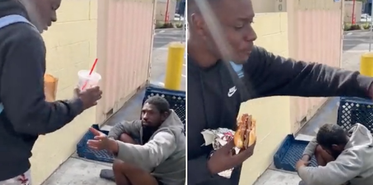 „Azt akarom, hogy élvezd!” – az éhes hajléktalan szeme láttára falta fel a neki vett ételt egy youtuber